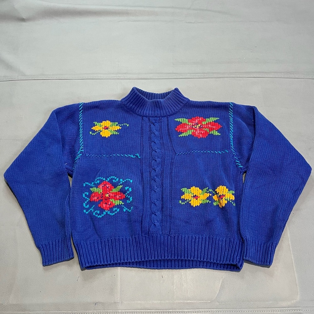 VTG 90s Liz Women Blue Floral Cable Knit Sweater S Grandma Cute Kawaii Y2k-4405